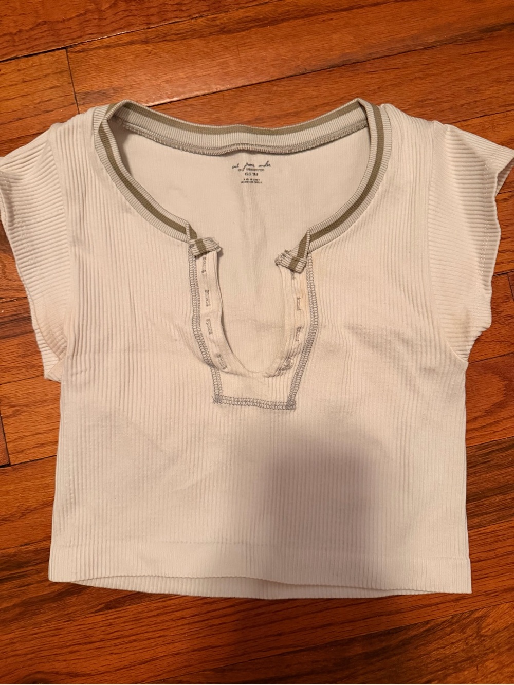Urban Outfitters Off-White Ribbed Scoop Neck Tee with Olive Trim